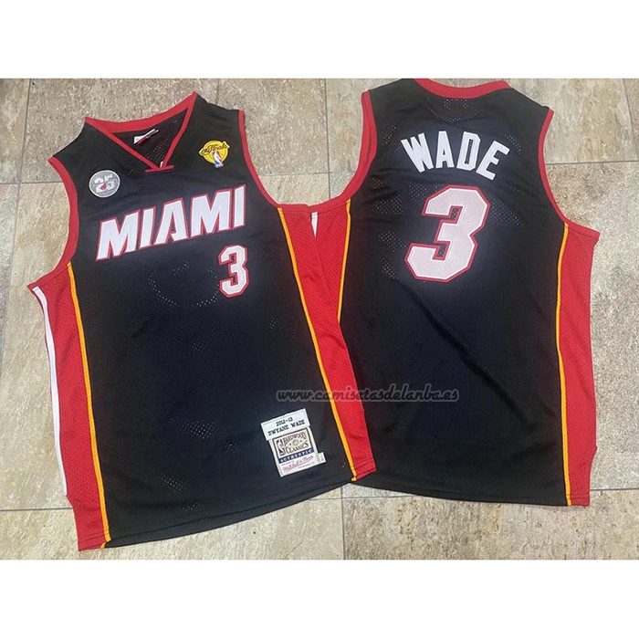 Camiseta Miami Heat Dwyane Wade NO 3 Mitchell & Ness 2012-13 Autentico Negro